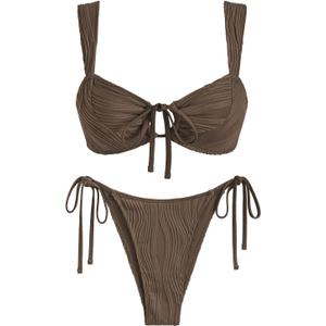 ZAFUL Women's Cinched Bikini Solid Color Wave Textured Knotted Tied Side Two Piece Swimsuit Bathing Suits (Medium, Brown)