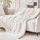 Double Sided Ruched Faux Rabbit Fur Throw Blanket,60"x80", OffWhite