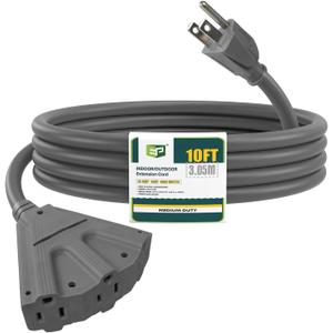 EP 10 Ft Outdoor Extension Cord with 3 Electrical Power Outlets - 16/3 SJTW Grey Cable with 3 Prong Grounded Plug for Safety Great for Christmas Lights, Garden and Major Appliances