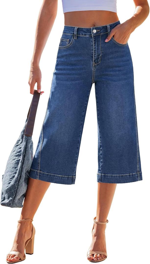 GRAPENT Capri Jeans for Women Wide Leg Trendy High Waisted Side Seam Stretchy Denim Capris Pants Summer Casual Jeans (Blue, M)