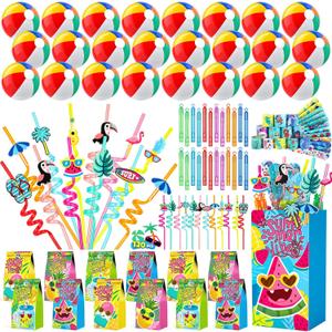 Pool Party Favors and Beach Party Favors - 120 PCS Party Bag Stuffers Including Beach Balls, Summer Theme Straws, Bubble Wands, and more for Beach Pool Party Favors, Birthday Party Supplies 4-8 8-12