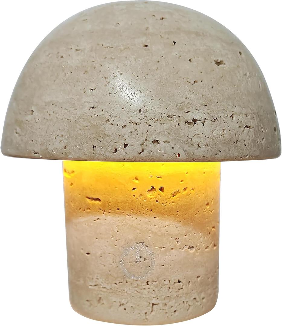 Natural Stone Mushroom Lamp - Handcrafted Travertine Night Light, Rechargeable with Type-C, Dimmable LED Accent Light for Bedroom & Living Room