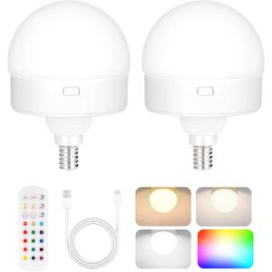 Yochoice 2-Pack E12 Rechargeable Battery Operated Light Bulb with Remote, Dimmable LED Bulb with 15 Colors Selectable & 3 Timer, Wireless Detachable Puck Light Bulb for Wall Sconce, Non-Hardwired