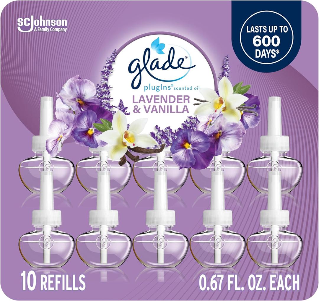Glade PlugIns Refills Air Freshener, Scented and Essential Oils for Home and Bathroom, Lavender & Vanilla, 6.7 Fl Oz, 10 Count