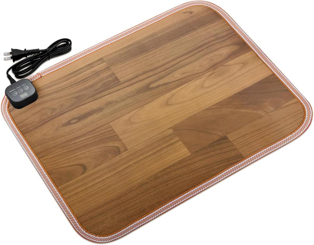 Foot Warmer Under Desk - 15.9x19.9in Heated Floor Mat 110V Adjustable Temperature Electric Heater with Timer for Office Home, Heating Pad for Cold Feet (Brown Wood)