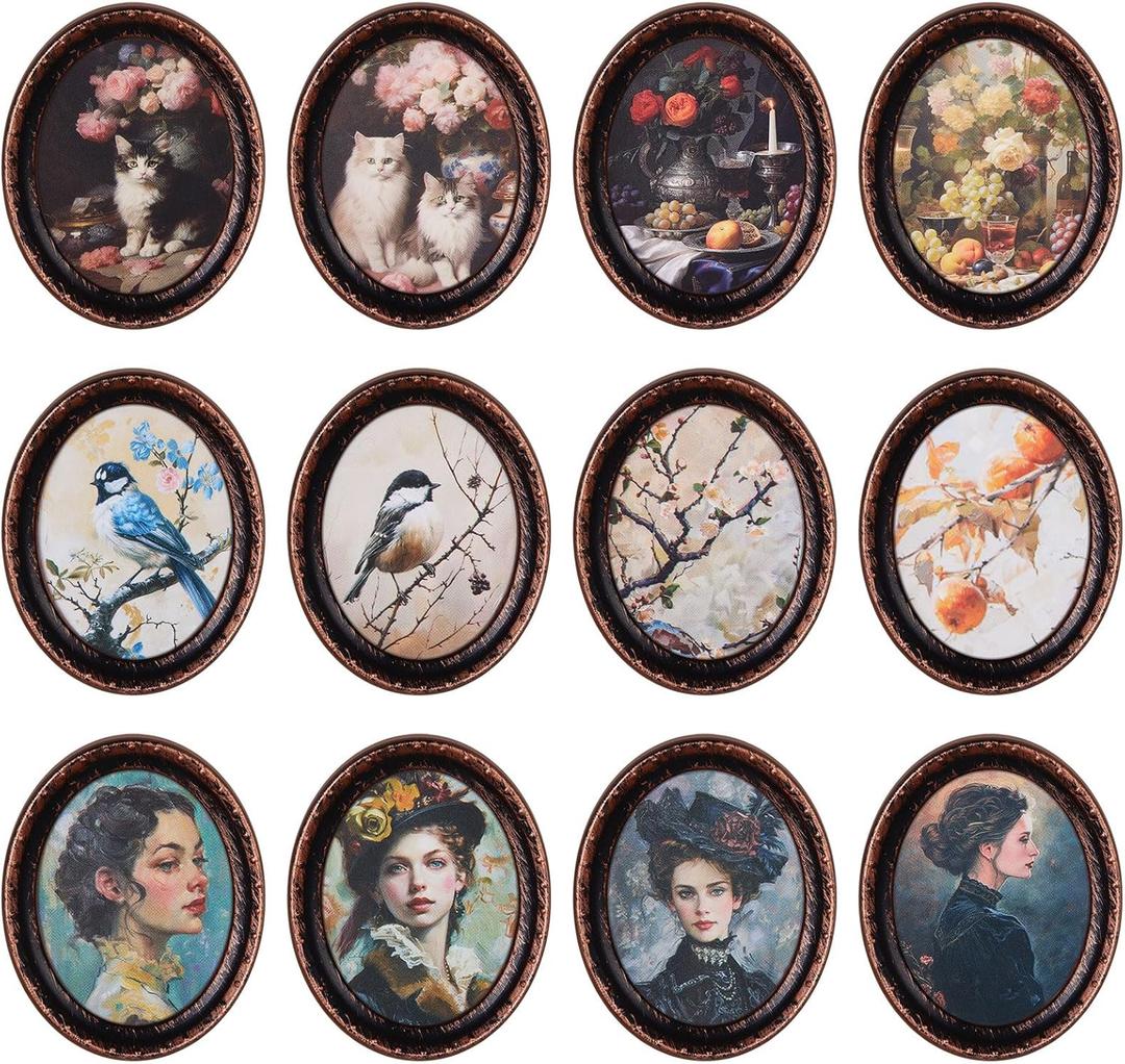 Weysat 12 Pcs Miniature Dollhouse Accessories 1/12 Scale Vintage Dollhouse Picture Frames Set with Printed Paintings Antique Art Wall Picture for Small House DIY Craft Art Projects Gift
