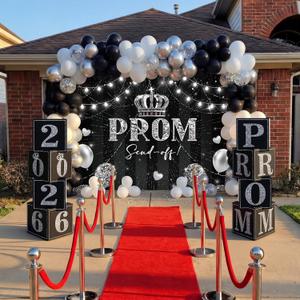 46 Pcs 2026 Prom Send Off Decoration for Home Kit 6 x 6 ft Senior Glitter Black and Silver Prom Backdrop Giant 29 x 2.6 ft Red Runner Carpet 3D Boxes Balloons Class of 2026 Graduation Party Supplies