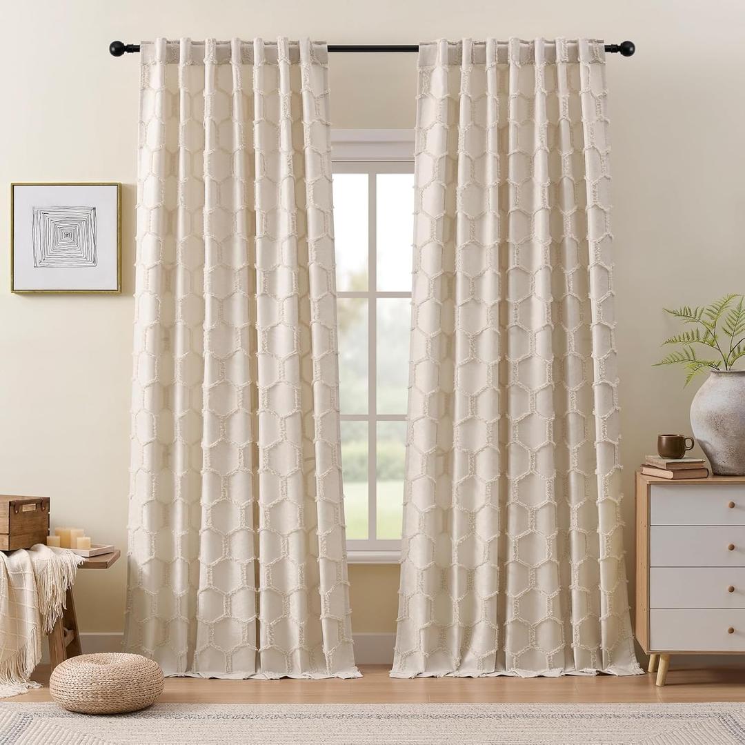 Cream Beige Geometry Curtains 96 Inches Long 2 Panels Neutral Fluffy Curtains Moroccan Trellis Rod Pocket Back Tab Light Filtering Semi Sheer Hexagon Tufted Decor Drapes for Living Room, 52x96