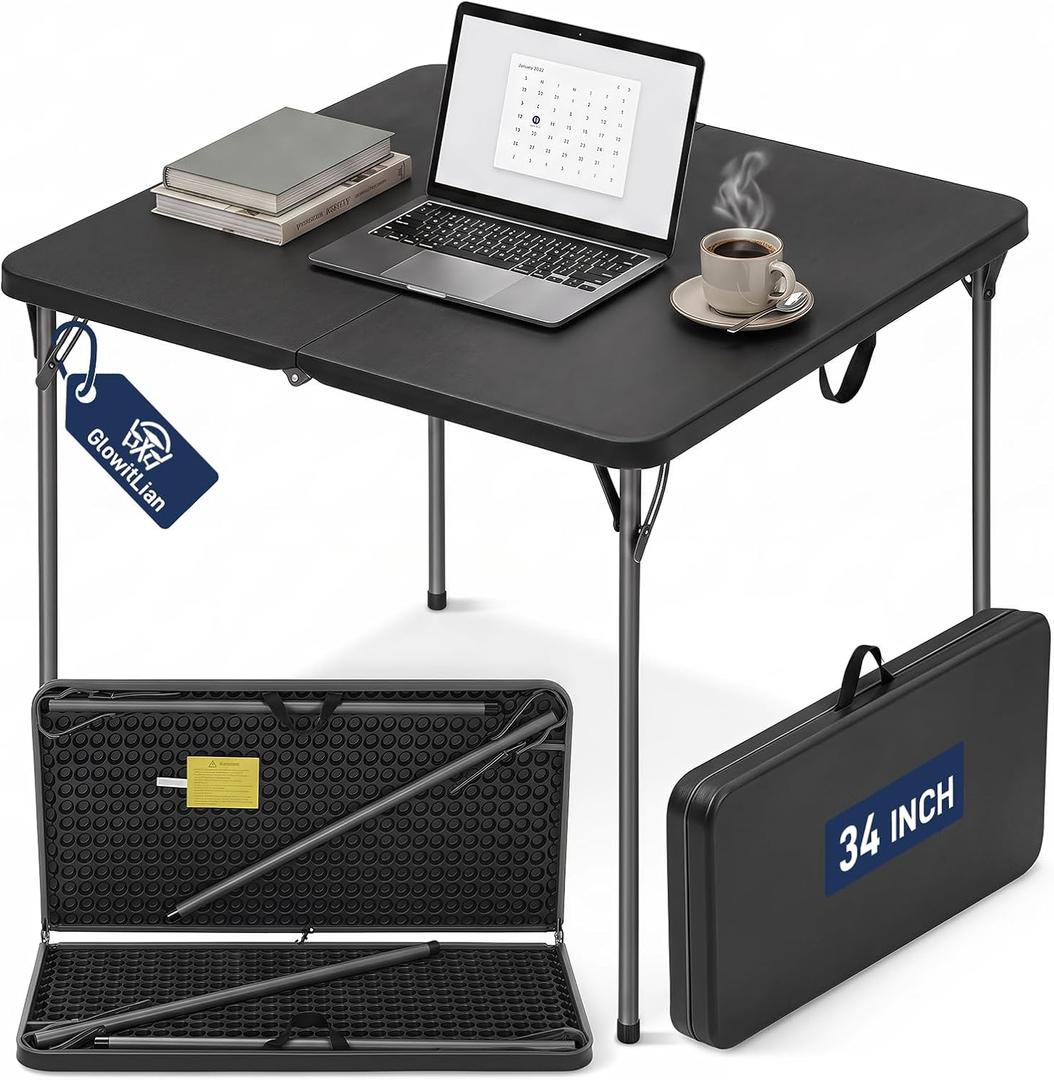 34" Square Folding Table for 4 Person, 330lbs Weight Capacity Foldable Table with HDPE Tabletop & Heavy-Duty Steel Legs, Large Portable Picnic Table for Indoor Outdoor Parties, Camping, Black, 34" x 34" x 28.54"