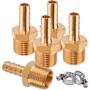 5 Pcs Brass Hose Barb Fittings, 3/8" Barb to 1/2" NPT Air Hose Repair Kit, 3/8" to 1/2" NPT Male Thread Adapter, Barbed Air Hose Repair Connector Fitting with 5 Pcs Hose Clamp