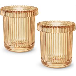 Bathroom Organizers and Storage,2 Pack Glass Qtip Holder Dispenser,Bathroom Essentials Accessories Decor,Vanity Makeup Storage Organizer for Cotton Swabs,Cotton Balls,Pads,Floss Picks (Amber), 3.51"L x 3.51"W x 3.9"H
