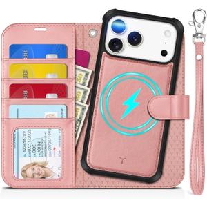 TUCCH 2-in-1 Detachable Wallet Case for iPhone 17 Pro Max (6.9-inch) 2025, RFID Blocking 4 Card Slots, Wireless Charging, Wrist Strap, Kickstand, Magnetic, PU Leather, Protective Flip Cover, Rose Gold
