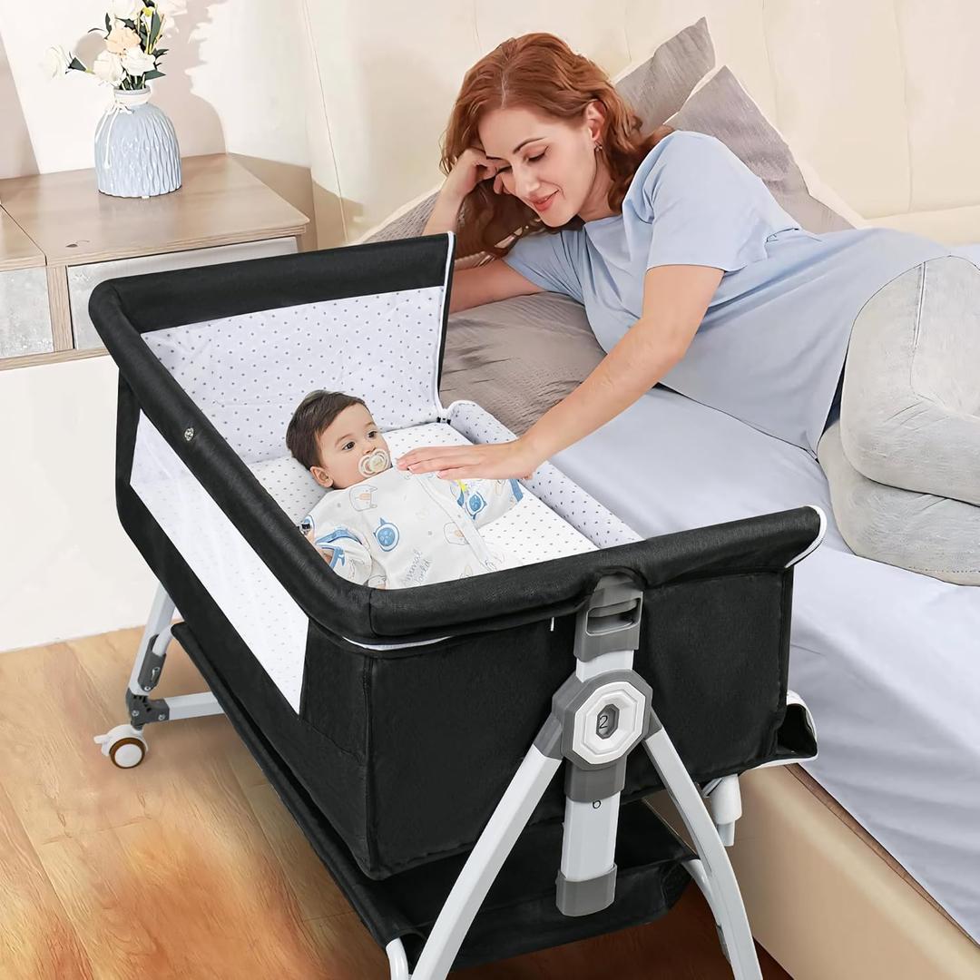VOOI Baby Bassinet Bedside Sleeper, 3 in 1 Rocking Bassinet for Baby, Bassinet Bedside Sleeper with Wheels, Adjustable Height, Storage Basket, Mattress & Canopy, Bed Side Bassinet for Newborn (Crib, Dark Grey)