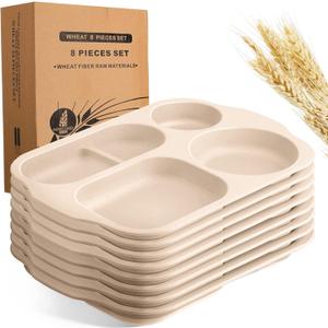 Tanlade 8 Pcs Large Unbreakable Divided Plates 12 Inch Wheat Straw Food Tray 5 Compartment Food Portion Control Tray Wheat Straw Section Plates for Adult Microwave Dishwasher Safe(Beige)