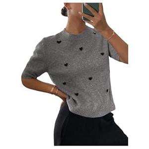 SOLY HUX Women's Short Sleeve Sweater Crew Neck Heart Print Knit Top Work Office Clothes Grey Hearts Large
