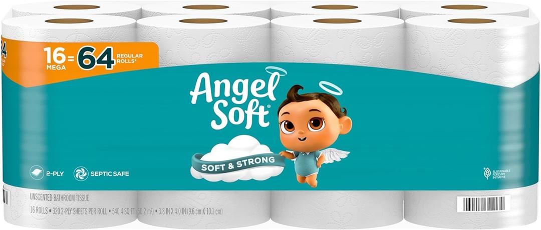 Angel Soft Toilet Paper, 16 Mega Rolls = 64 Regular Rolls, Soft and Strong Toilet Tissue (320 Sheet (Pack of 16))