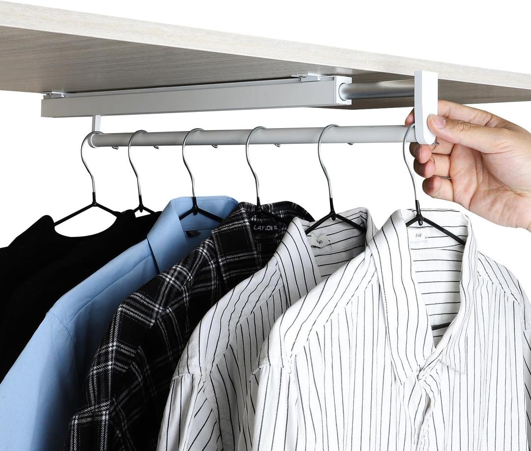 BaiNong Pull Out Closet Rod - White, 19-1/4 Inch, Telescopic Trouser Rack for Shallow Cabinet, Organize Pants and Clothes