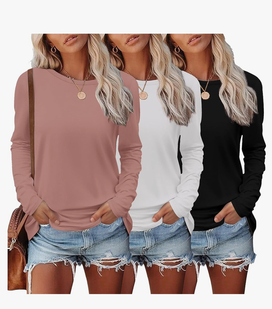 Ekouaer Womens Long Sleeve Shirts 3 Pack Crew Neck Thermal Tops Loose Fit Undershirt Base Layer Trendy Clothes L