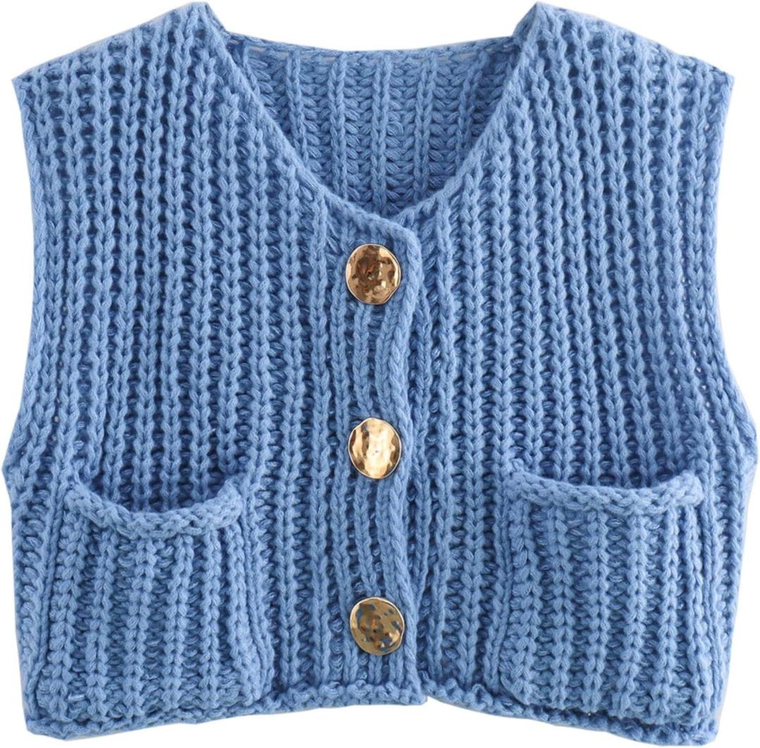 Women's Sleeveless Knit Cardigan Casual Button Down Cropped Knitted Sweater Vest with Pockets (Blue, L)