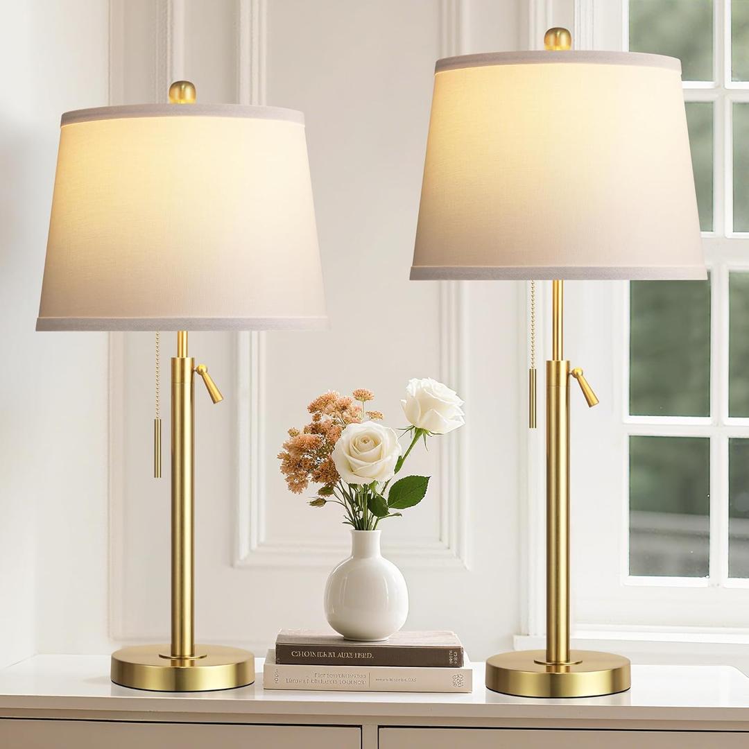 Tall Table Lamps Set of 2, Modern Gold Table Lamps with White Shade for Living Room, Height Adjustable Nightstand Lamps for Bedroom, 3 Color Temperature Beside Lamps with Pull Chain(Bulbs Included)
