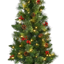 3ft Pre-Lit Christmas Entrance Tree In Urn w/ 40 LED Light Red Berries Pine Cone