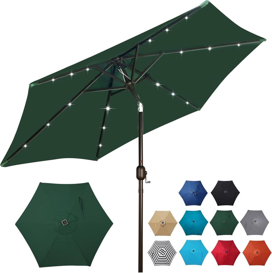 Blissun 7.5 ft Solar Umbrella, 18 LED Lighted Patio Umbrella, Table Market Umbrella (Dark Green)