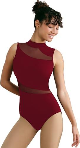 Tegmk Women Mock Neck Ballet Leotards for Dance, Asymmetrical Mesh Splicing, Chest Padding, Big Hollow Back(M)