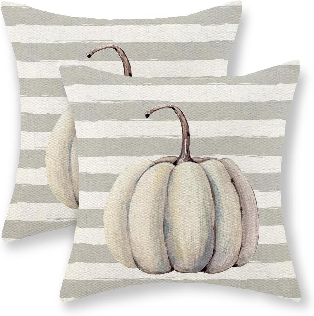 Fall Pillow Covers 20x20 Inch Set of 2,Grey Pumpkin Throw Pillows Case,Gray Stripes Autumn Outdoor Decorative Square Linen Farmhouse Harvest Decor Cushion Covers for Home Sofa Bed Couch