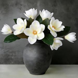 YLOLUL 6 Pcs Artificial Magnolia Flowers Stems White Magnolia Long Stem Flower Faux Creamy Grandiflora Buds with Green Leaves for Tall Vase Realistic Table Centerpiece Indoor Decoration