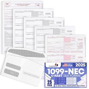 Dutymark 1099 NEC Forms 2025 for 25 Recipients 4 Part Laser Tax Forms Kit, 3 1096 Forms, 25 Security Self Seal Envelopes, Compatible with QuickBooks and Accounting Software, 2025 1099 NEC