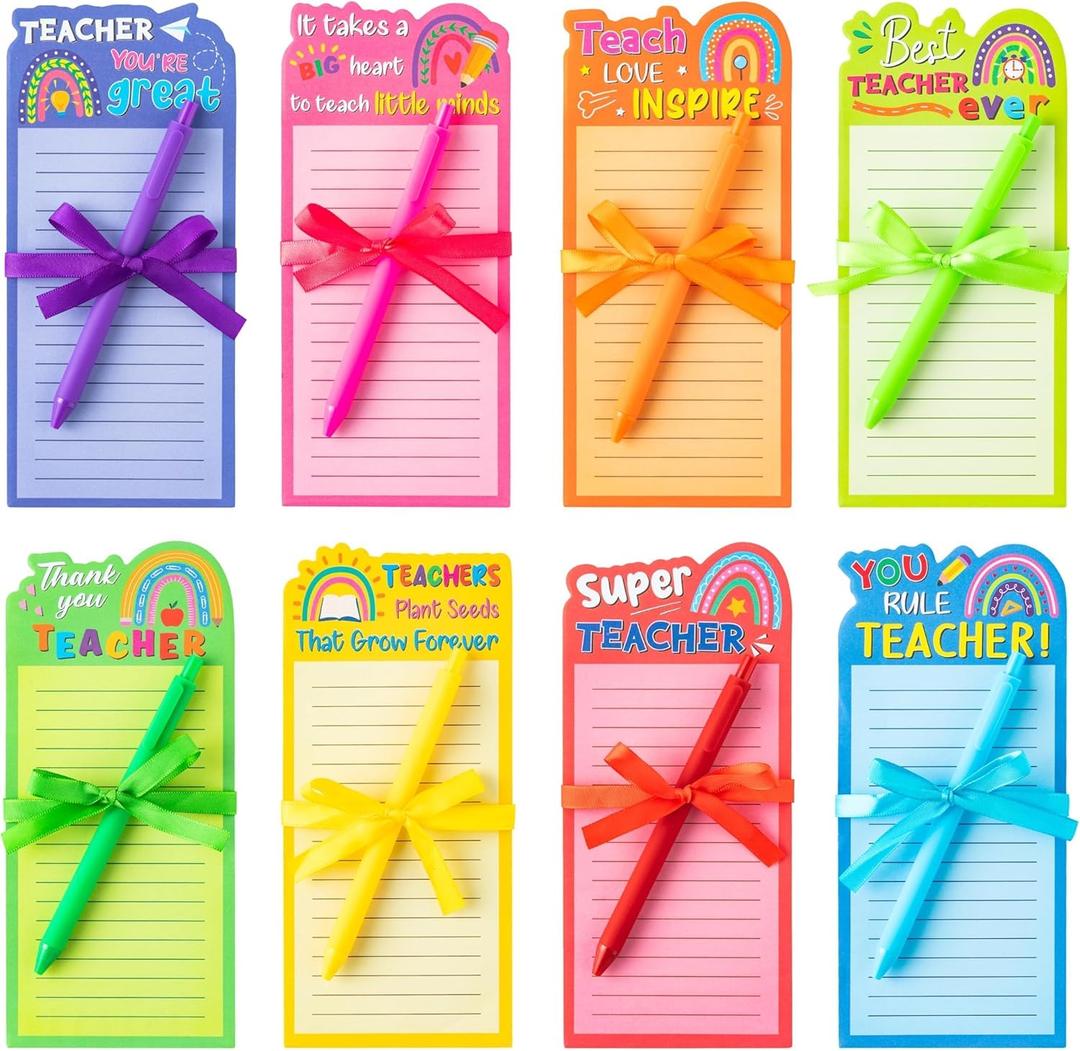 ANGOLIO Teacher Appreciation Notepads with Pens - Thank You Gifts 24Pcs Boho Ranibow Lined to Do List Sticky Notes Pens Appreciation Gift for Teacher Student Office Birthday Back to School Supplies
