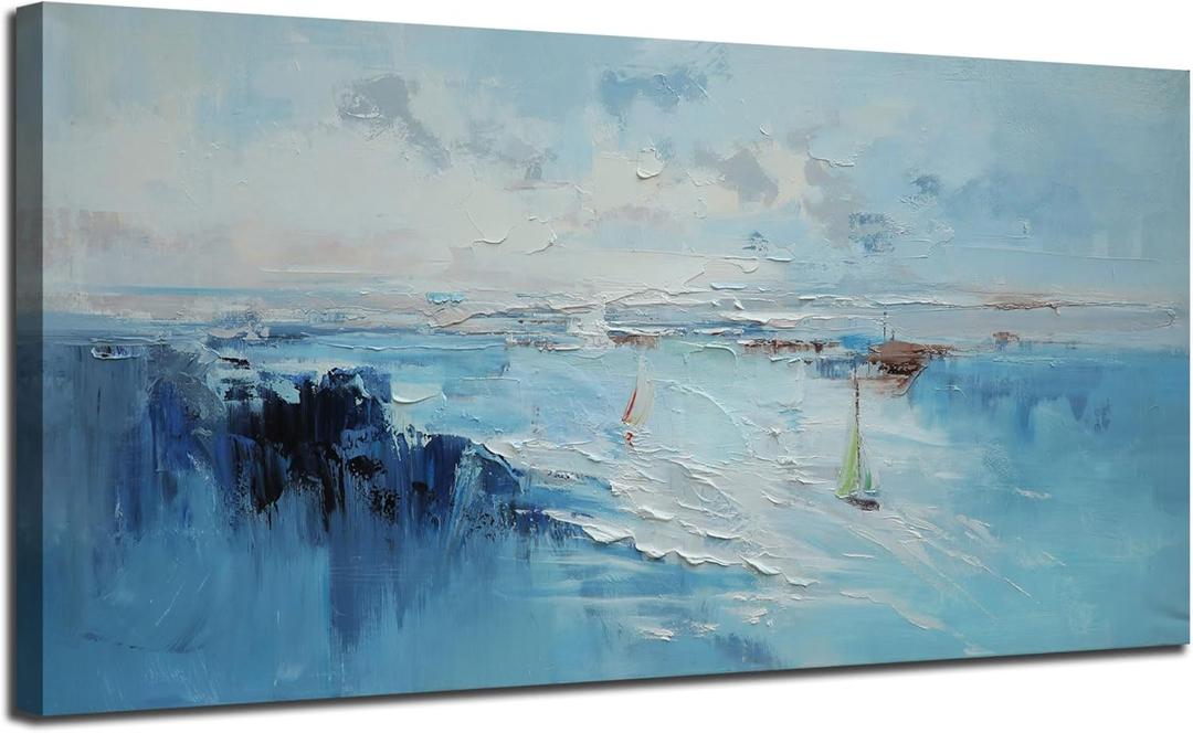 Ardemy Blue Abstract Wall Art Coastal Sailboat Textured Canvas Modern Teal White Artwork Framed for Living Room Bedroom Kitchen Bathroom Dinning Room Home Office Wall Decor, Extra Large Size 58"x29" (58L" x 29W", Blue coastal)