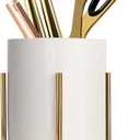 Gold pencil cup Sturdy metal frame with white ceramic pen holder For desks and kitchen appliance holders (H 4.6'')