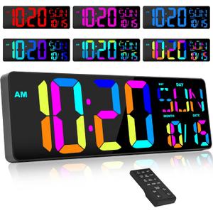 XREXS Large Digital Wall Clock with Remote Control, 17 Inch LED Large Display Count Up & Down Timer, Adjustable Brightness RGB Color Changing Clock Alarm Clock for Home, Gym, Office and Classroom