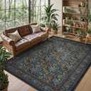 Collive 8x10 Area Rugs for Living Room, Washable Boho Vintage Floral William Morris Botanical Large Rug, Soft Non Slip Low Pile Stain Resistant Carpet for Bedroom Dining Room Office, Teal
