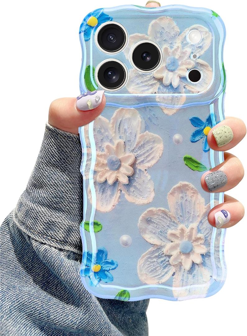 Jusy Case for iPhone 17 Pro Max, Colorful Retro Oil Painting Printed Flower Laser Blue Glossy Pattern Cute Curly Wave Phone Case Soft TPU Cover for Girly Women -Blue Flower