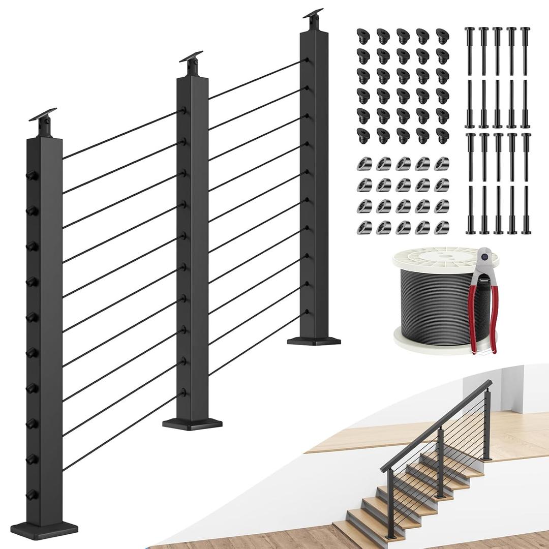BLIKA Complete Set 36" Stair Railing Post Kit(Post 35"x2"x2"), Black 25-35 Angle Drilled Line Post, Invisible Cable Railing System Kit Include 3Pack Stair Posts, 1/8" Stainless Cable(No Handrail)