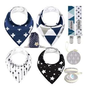 Dodo Babies Bandana Drool Bib Set Baby Essentials - 8-Piece Set Blue/Black/White - 20 Bibs, 10 Binky Clips & 5 Pacifier Case - Cotton w/Polyester Lining & Adjustable Snaps 3-24 Months