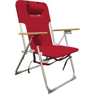 Caribbean Joe Folding Beach Chair, 4 Position Portable Backpack Foldable Camping Chair with Headrest, Cup Holder, and Wooden Armrests, 300 lb Capacity (Red)