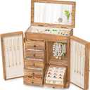 Jewelry Box Organizer, Farmhouse Wooden Jewelry Boxes for Women Girls, 6 Layer Jewelry Case Storage with Bracelet Holder Display Hooks for Necklaces Earrings Rings Bracelets (Carbonized Brown)