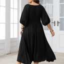 SHESTARR Women's Plus Size Casual Dresses Square Neck Button Up Smocked 3/4 Puff Sleeve Empire Wasit A-line Flowy Midi Dress (Black, XXL)