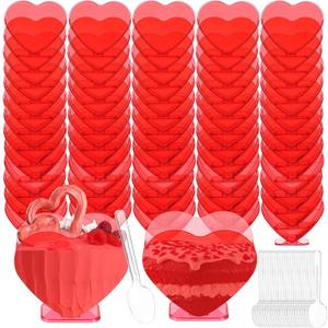 Mini Heart Shaped Dessert Cups with Spoons 2.7 oz Valentine Day Plastic Appetizer Cup Clear Disposable Reusable Heart Shaped Bowl for Valentine Wedding Party Cakes Ice Cream(Red,60 Set)