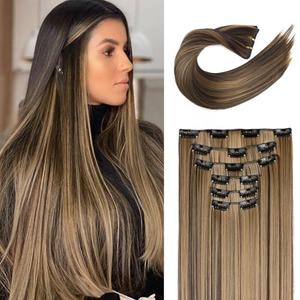 FLUFYMOOZ 6PC Clip in Hair Extensions 24" Straight Long Extensions for Women Synthetic Hairpiece (Chocolate Brown with Blonde Highlights) FLUFYMOOZ 6PC Clip in Hair Extensions 24" Straight Long Extensions for Women Synthetic Hairpiece (Chocolate Brown with Blonde Highlights)
