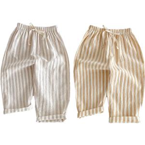 Ashmyova Classic Casual Pants for Boys Thin Cotton Stripe Elastics Waist Spring Summer Trousers Toddler Long Pants 2Pcs (18-24 Months, Yellow/Khaki)