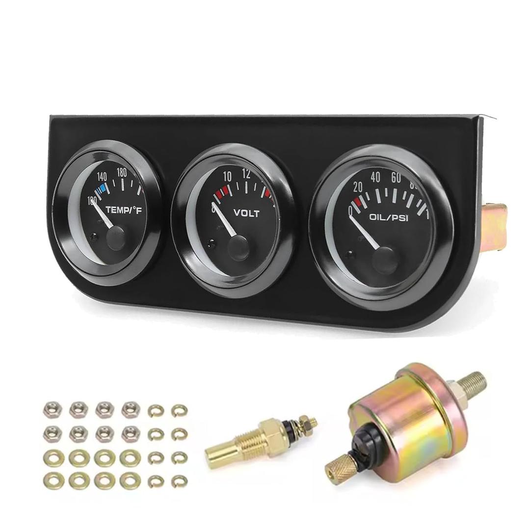 3-in-1 Triple Gauge Kit - Oil Pressure, Voltage & Water Temperature Gauges for Cars Black