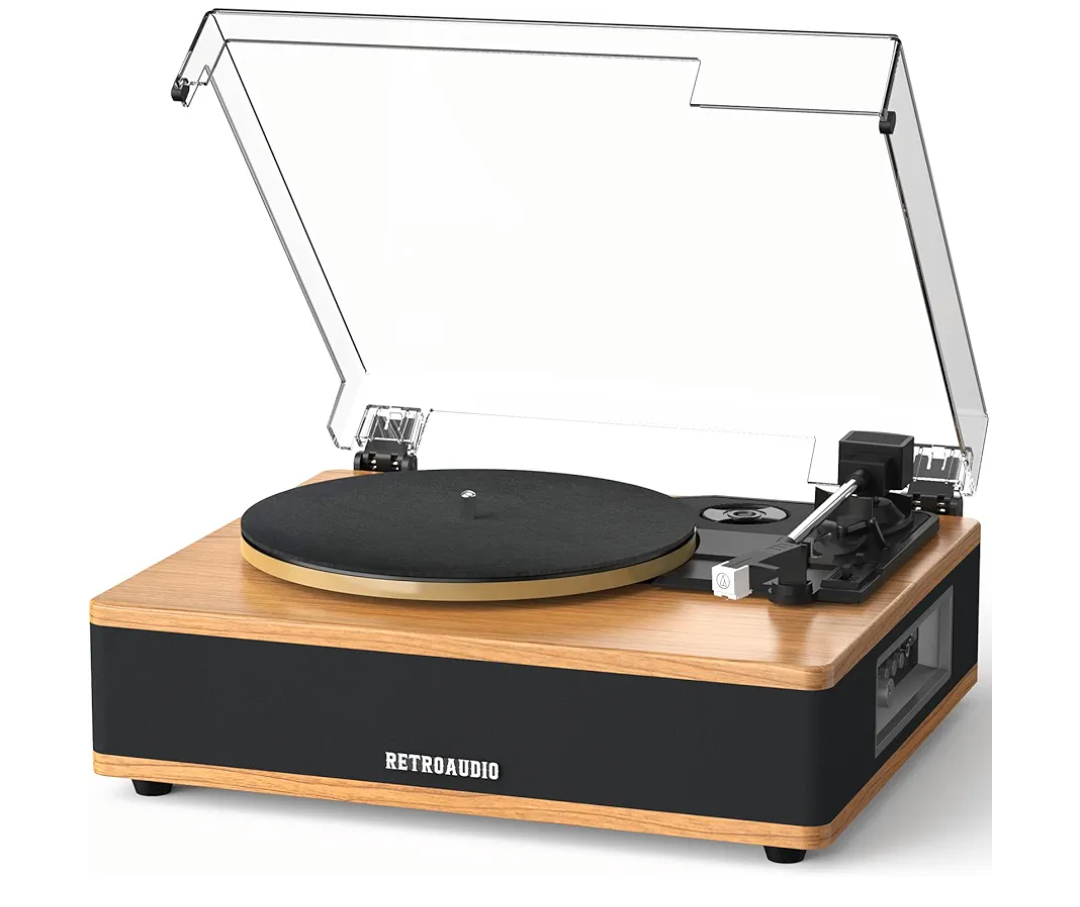 Vinyl Record Player with Built-in Speakers Support Bluetooth in & Out Turntable 3 Speeds High Fidelity Record Player with Magnetic Cartridge AT-3600L Support Auto Stop, RCA Output, AUX in (Walnut)