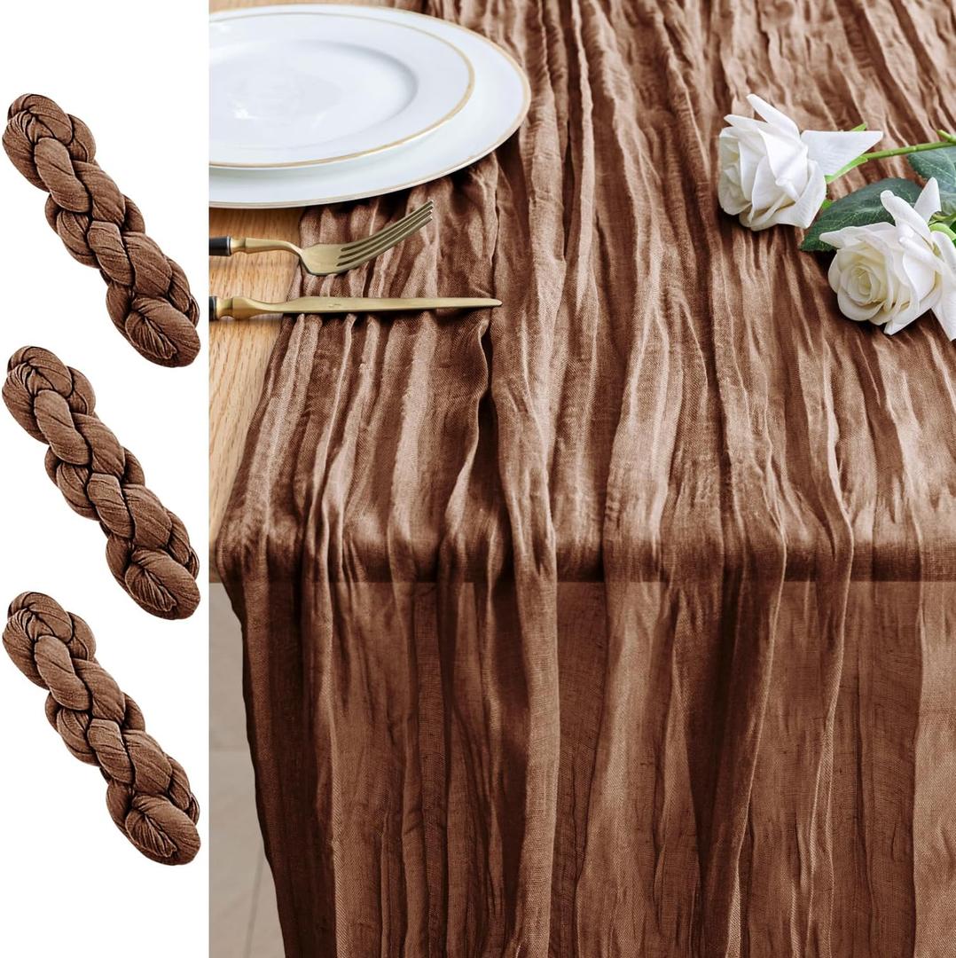 3PCS Table Runner Cheesecloth 10FT Brown Boho Gauze Cheese Cloth Rustic Sheer Table Runners for Wedding Bridal Baby Shower Party Decoration