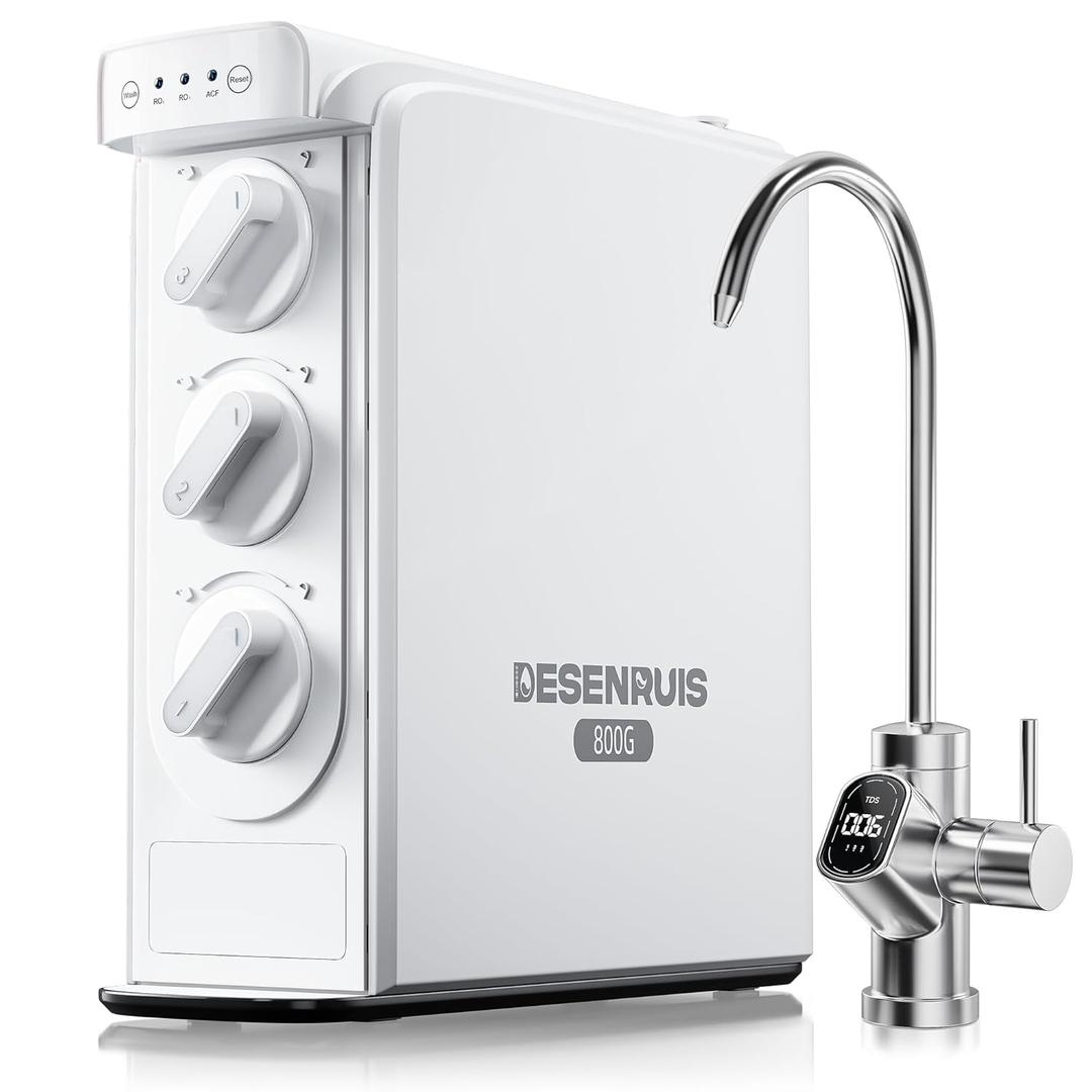 DESENRUIS Reverse Osmosis System, Dual RO Water Filter, 800 GPD Fast Flow, 3:1 Pure to Drain, Tankless Under Sink RO System, Reduce PFAS & TDS, Smart LED Faucet