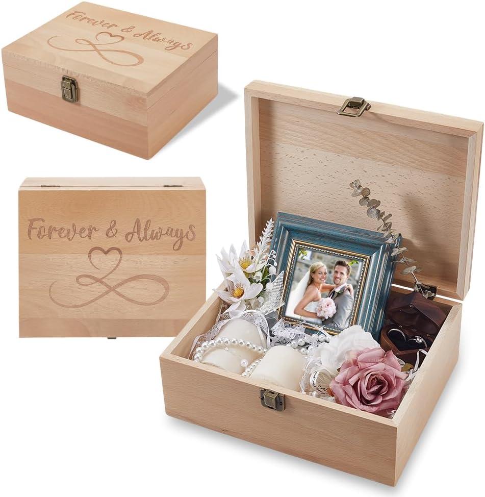 arricraft 1 Pc Wood Memory Keepsake Box, Forever and Always Memory Box with Hinged Lids Infinite Love Keepsake Chest for Wedding Anniversary Photo Letter Storage Valentine's Day Gift 9.6x7.6x4inch