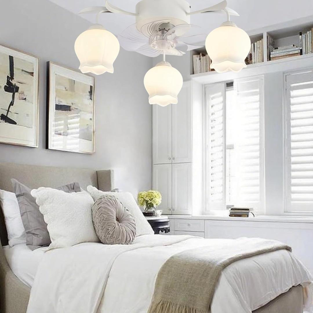 Flower Ceiling Fan with Light: White Flower Fan Lights for Girls Bedroom - Flush Mount Fandelier for Living Room - 3-Light Modern Chandelier with Fan for Home Decor Enthusiasts